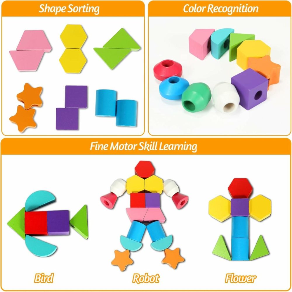 Montessori Toys For 2 3 4 Year Old Wooden Shape Matching Game & Lacing Beads Preschool Learning Activities Fine Motor Skills Toys Sorting Stacking Toddler Toys Age 2-4 Boys Girls  |  Sorting & Stacking Toys All Toys Sorting & Stacking Toys