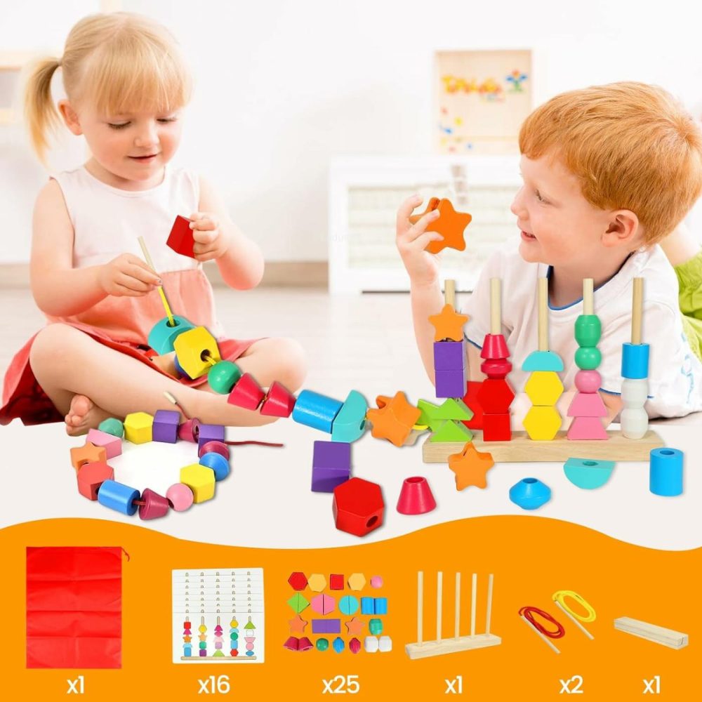 Montessori Toys For 2 3 4 Year Old Wooden Shape Matching Game & Lacing Beads Preschool Learning Activities Fine Motor Skills Toys Sorting Stacking Toddler Toys Age 2-4 Boys Girls  |  Sorting & Stacking Toys All Toys Sorting & Stacking Toys