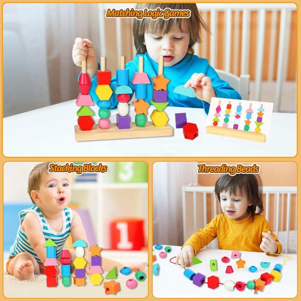 Montessori Toys For 2 3 4 Year Old Wooden Shape Matching Game & Lacing Beads Preschool Learning Activities Fine Motor Skills Toys Sorting Stacking Toddler Toys Age 2-4 Boys Girls  |  Sorting & Stacking Toys All Toys Sorting & Stacking Toys