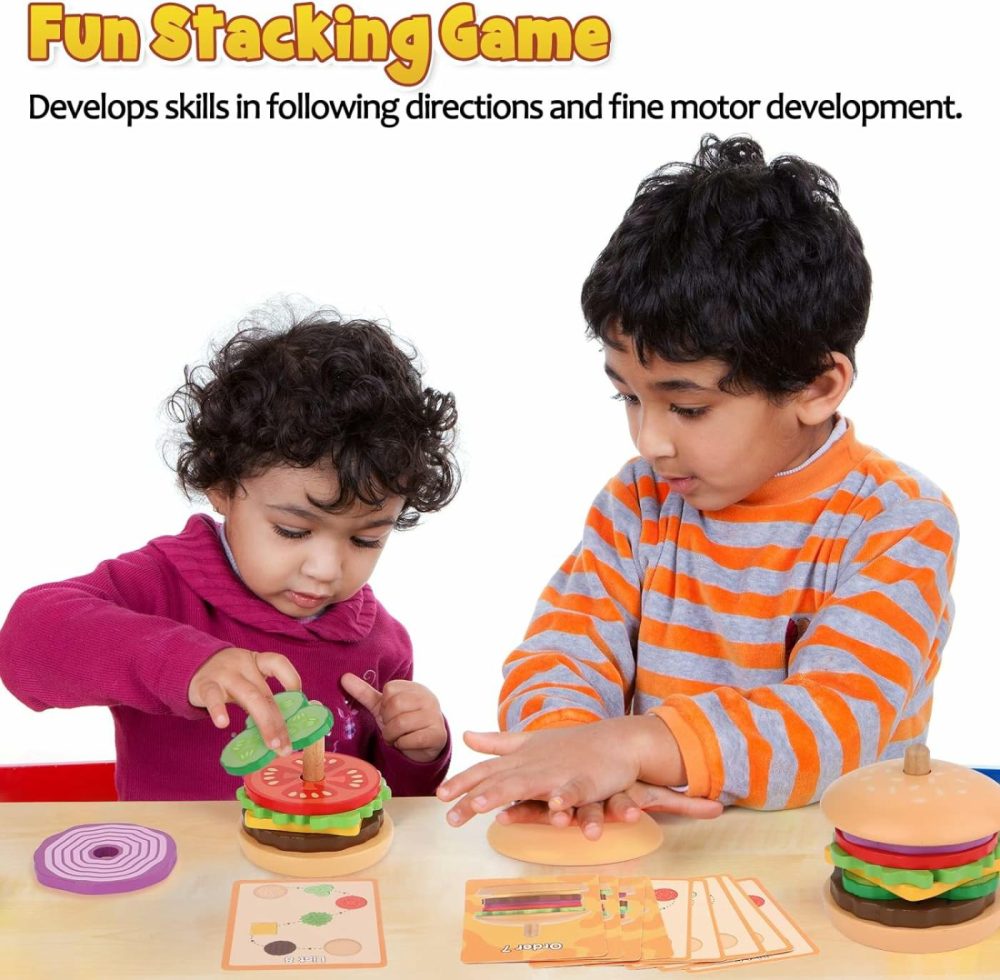 Montessori Toys For 3 Year Old – Wooden Burger Stacking Toys For Toddlers And Kids Preschool  Educational Toys  Fine Motor Skill Toy  Blocks For Toddlers  Learning Toys  |  Sorting & Stacking Toys All Toys Sorting & Stacking Toys