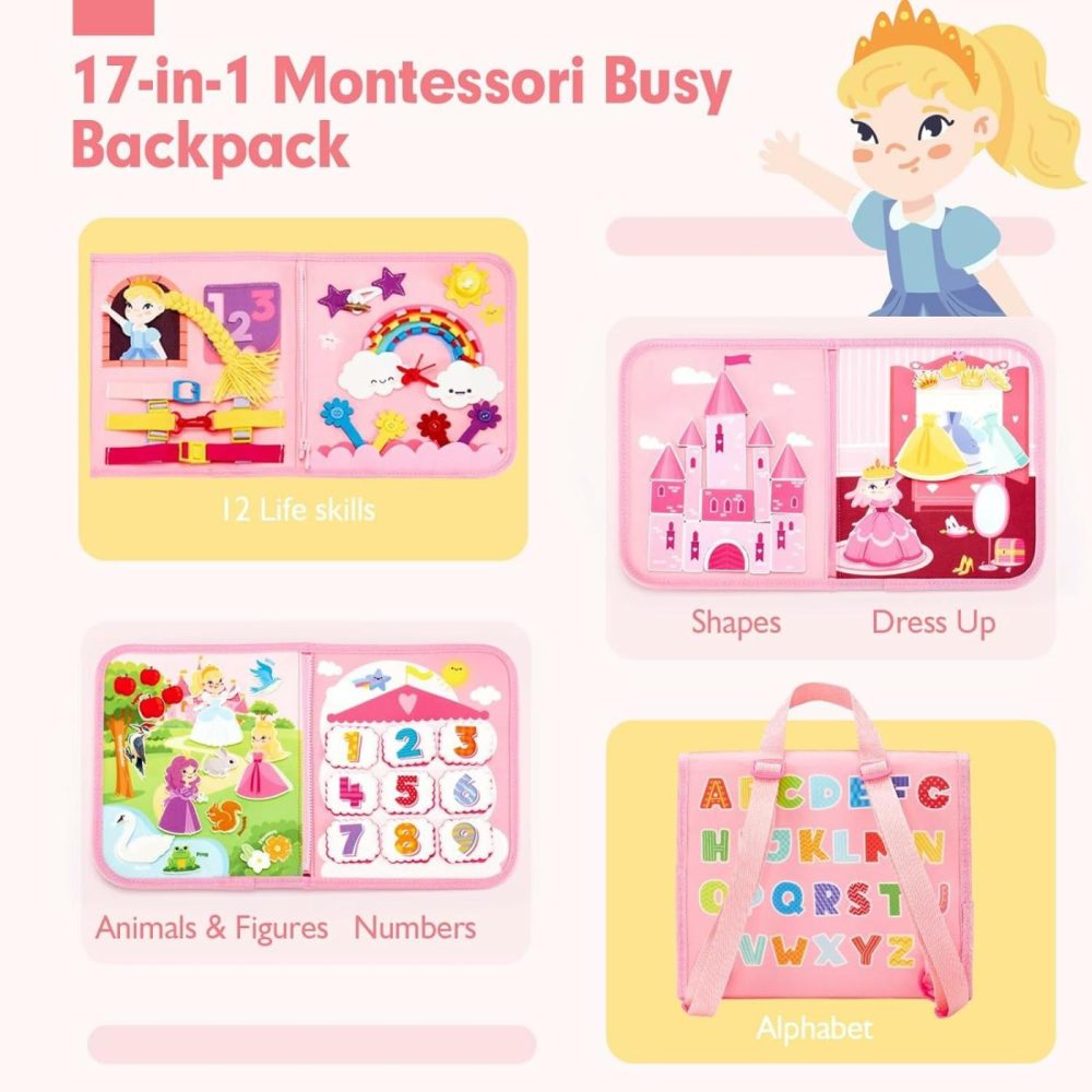 Montessori Toys For Ages 2-4  Busy Board 1-4 Year Old Girl Birthday Gift 17 In 1 Preschool Learning Activities With 12 Life Skill  Number,Shape,Dressup,Animal,Figures,Baby Girl Gifts  |  Sorting & Stacking Toys All Toys Polyester