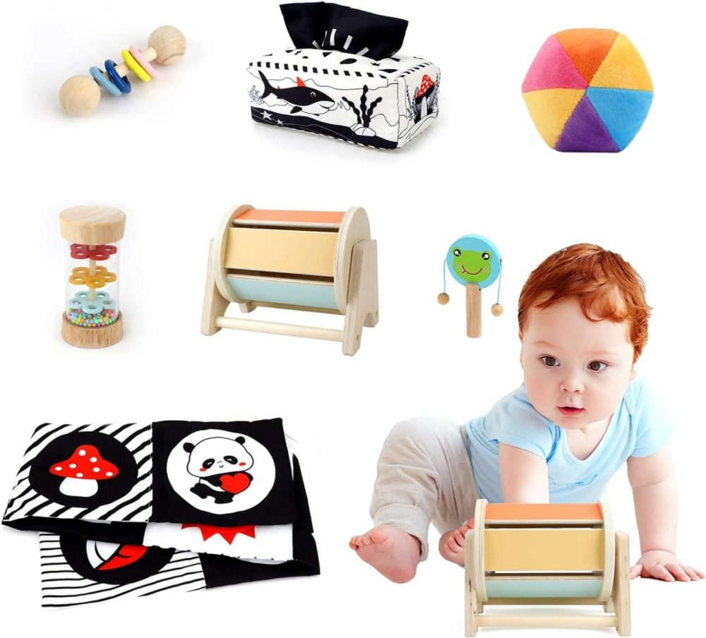 Montessori Toys For Babies 0-6 Months  7 In 1 Learning Educational Set Newborn Toys 6-12 Months  Rainbow Ball  Baby Black And White Books  Tissue Box Toy  Spinning Drum  Rattle Toy  |  Rattles & Plush Rings All Toys Rattles & Plush Rings