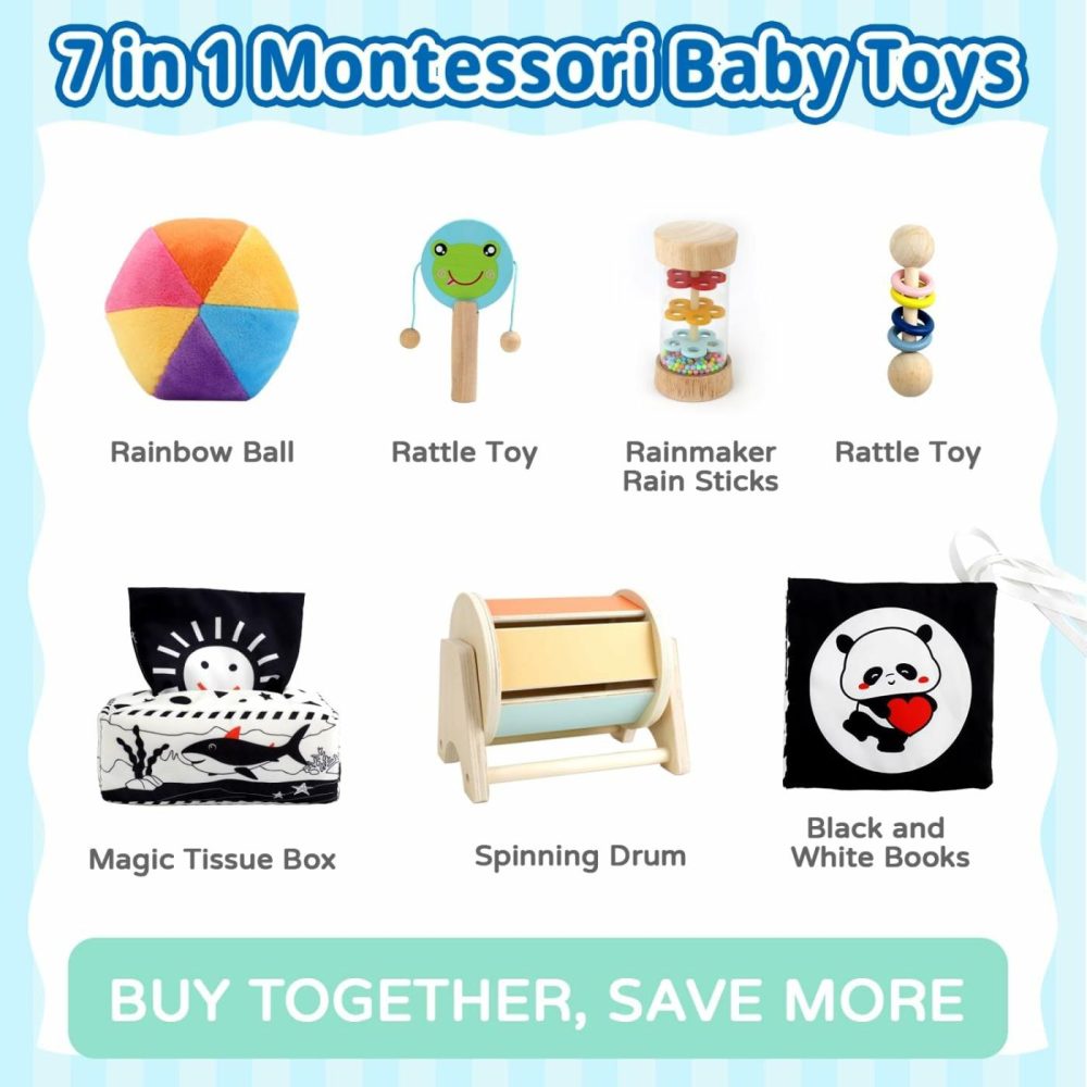 Montessori Toys For Babies 0-6 Months  7 In 1 Learning Educational Set Newborn Toys 6-12 Months  Rainbow Ball  Baby Black And White Books  Tissue Box Toy  Spinning Drum  Rattle Toy  |  Rattles & Plush Rings All Toys Rattles & Plush Rings