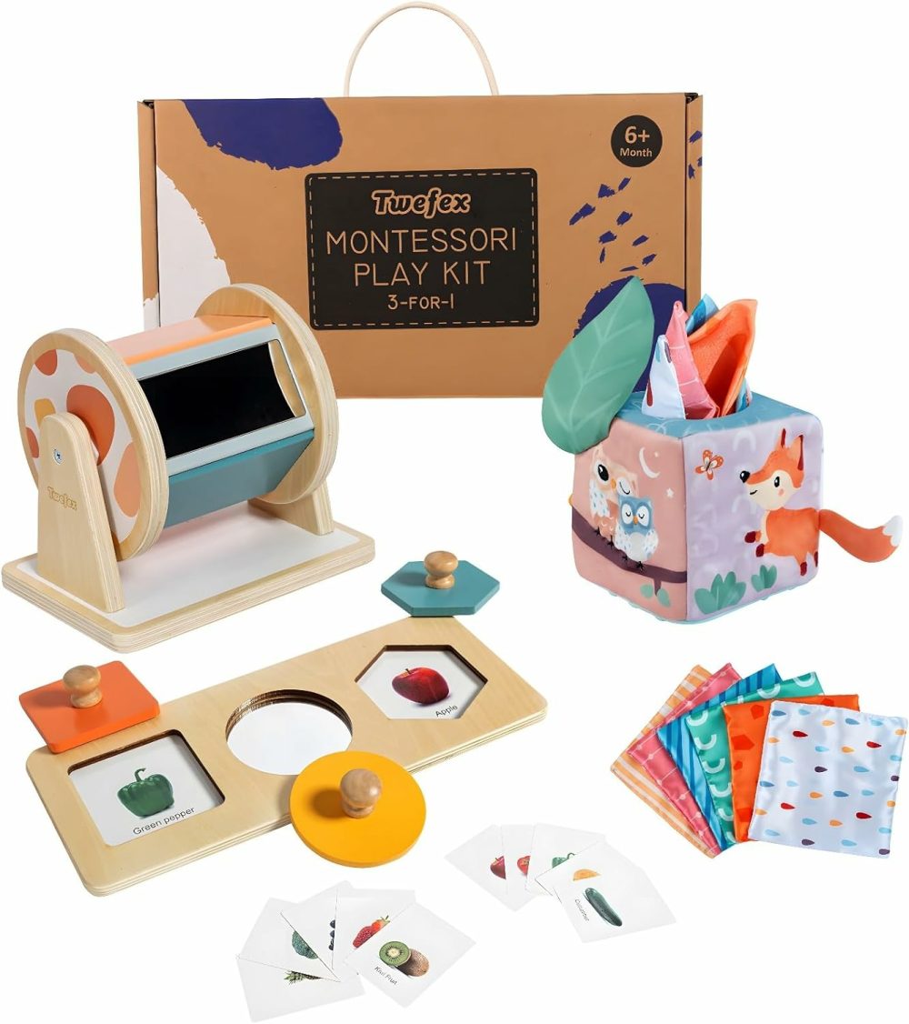 Montessori Toys For Babies 6-12 Months – 3 In 1 Baby Toys Play Kit – Medium Spinning Drum – Baby Tissue Box Toy – Peekaboo Knob Puzzle With Cards – Learning Educational Toy For Boys And Girls  |  Sorting & Stacking Toys All Toys Sorting & Stacking Toys