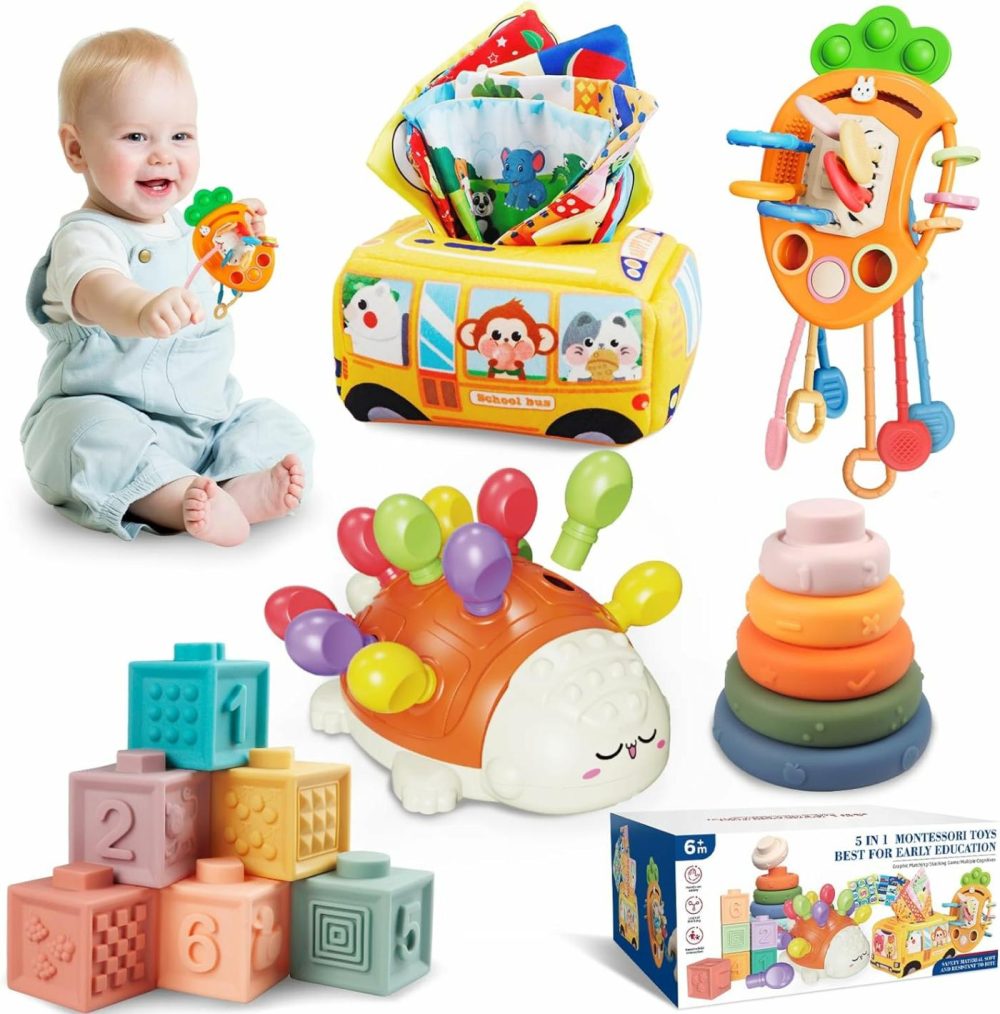 Montessori Toys For Babies 6 To 12 Months  Baby Toys Sensory Toys For Toddlers 1-3  Fine Motor Toys  Pull String Toy  Stacking Blocks Rings  Baby Tissue Box Toy 5 In 1 Infants Learning Toys  |  Sorting & Stacking Toys All Toys 5 in 1 Set