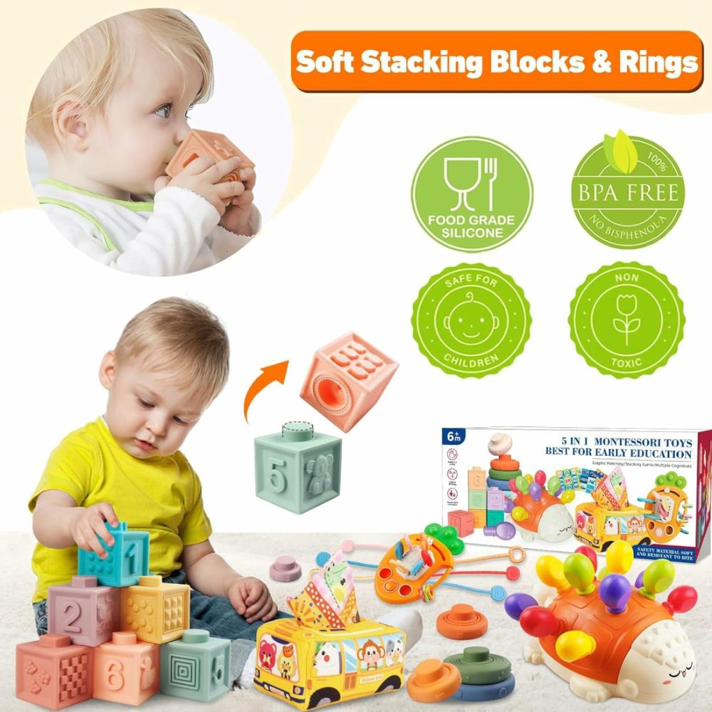 Montessori Toys For Babies 6 To 12 Months  Baby Toys Sensory Toys For Toddlers 1-3  Fine Motor Toys  Pull String Toy  Stacking Blocks Rings  Baby Tissue Box Toy 5 In 1 Infants Learning Toys  |  Sorting & Stacking Toys All Toys 5 in 1 Set