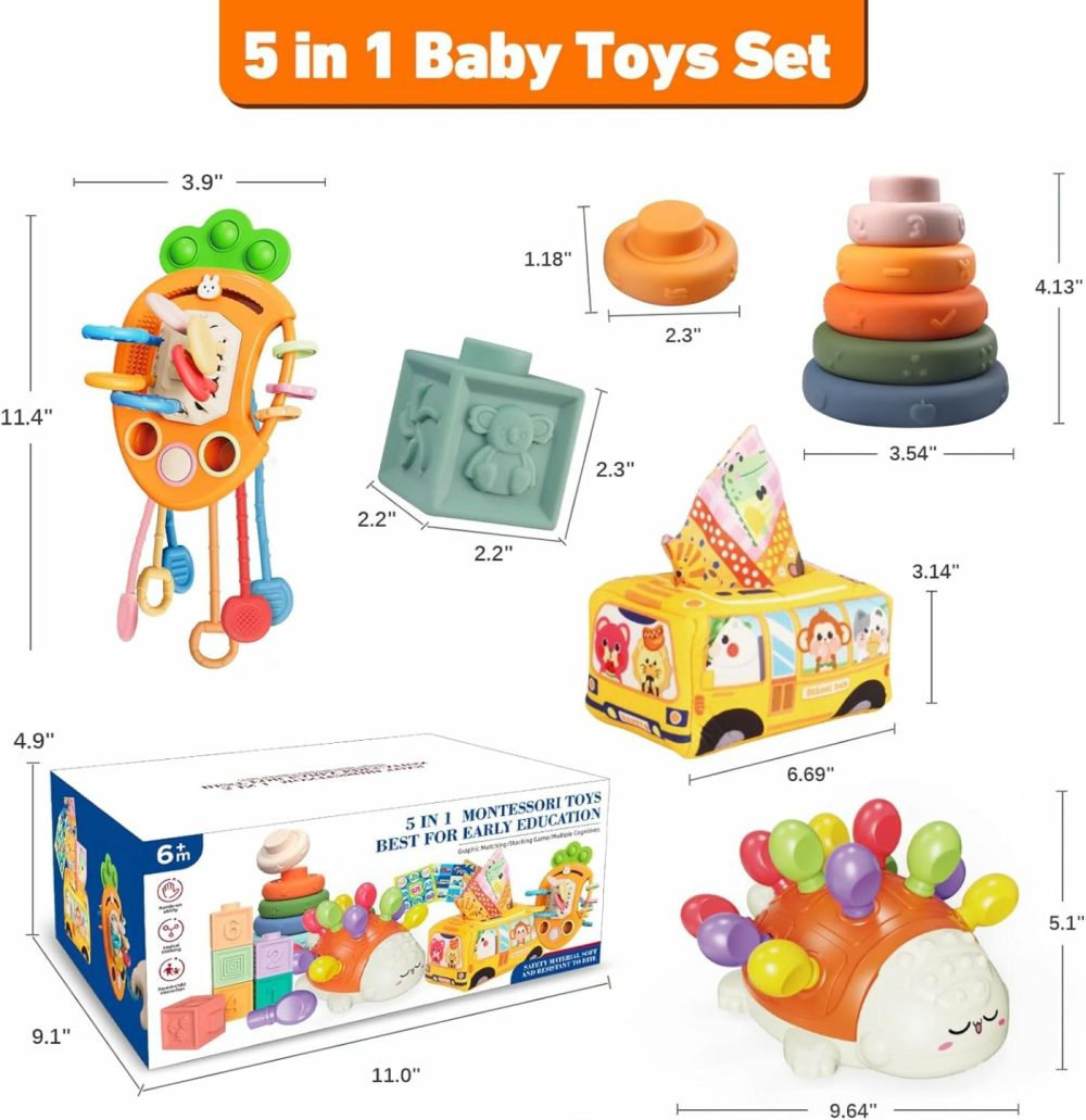 Montessori Toys For Babies 6 To 12 Months  Baby Toys Sensory Toys For Toddlers 1-3  Fine Motor Toys  Pull String Toy  Stacking Blocks Rings  Baby Tissue Box Toy 5 In 1 Infants Learning Toys  |  Sorting & Stacking Toys All Toys 5 in 1 Set