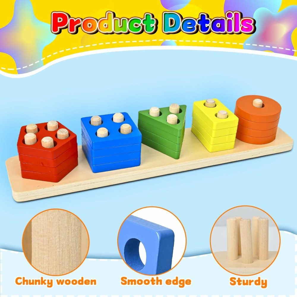 Montessori Toys For Toddler Baby 1 2 3 Year Olds Wooden Shape Stacking Sorting Toys  Learning Activity Block Puzzle Educational Wood Stocking Stuffer For 12+ Month Old Kid Boy (Rainbow)  |  Sorting & Stacking Toys All Toys Rainbow