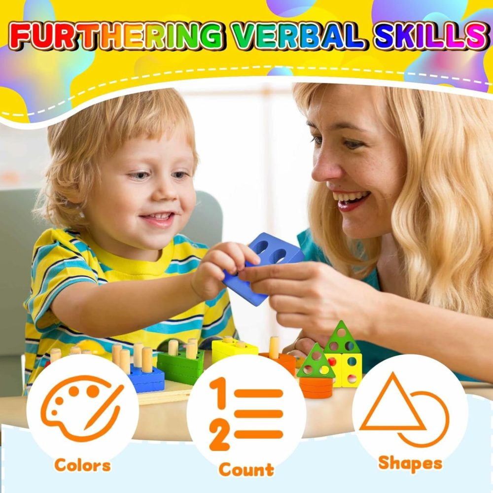 Montessori Toys For Toddler Baby 1 2 3 Year Olds Wooden Shape Stacking Sorting Toys  Learning Activity Block Puzzle Educational Wood Stocking Stuffer For 12+ Month Old Kid Boy (Rainbow)  |  Sorting & Stacking Toys All Toys Rainbow