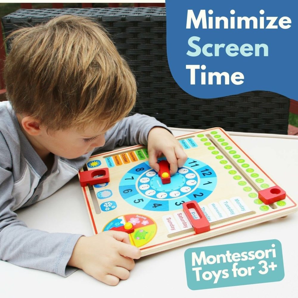 Montessori Toys For Toddlers 3 Years – 4 Year Old Learning Materials For Preschool – All About Today Board – Wooden Calendar And Learning Clock – Educational Gifts For Boys And Girls  |  Teaching Clocks All Toys Teaching Clocks