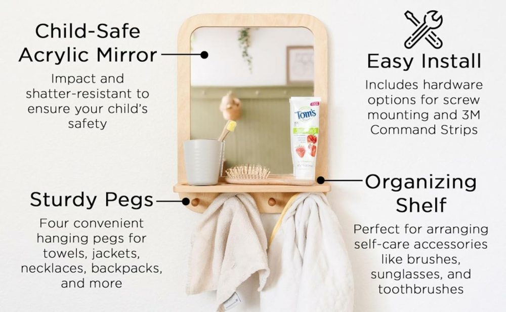 Montessori Wooden And Acrylic Wall Mirror With Hooks For Toddlers – Entryway Mirror With Hooks And Shelf Organizer Self-Care Station  |  Mirrors All Toys Mirrors