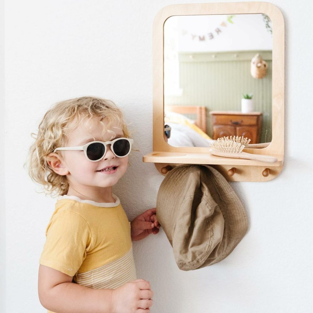 Montessori Wooden And Acrylic Wall Mirror With Hooks For Toddlers – Entryway Mirror With Hooks And Shelf Organizer Self-Care Station  |  Mirrors All Toys Mirrors