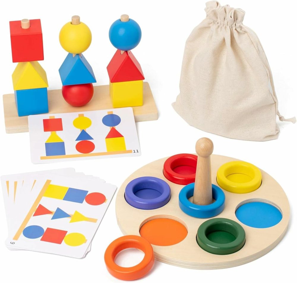 Montessori Wooden Beads Sequencing Toy Set  Montessori Toys For Babies 1-3 Years,Stacking Blocks & Matching Shape Stacker For 1 2 3 Year Old,Wooden Toys For Boy Girl Birthday Gifts  |  Sorting & Stacking Toys All Toys Sorting & Stacking Toys