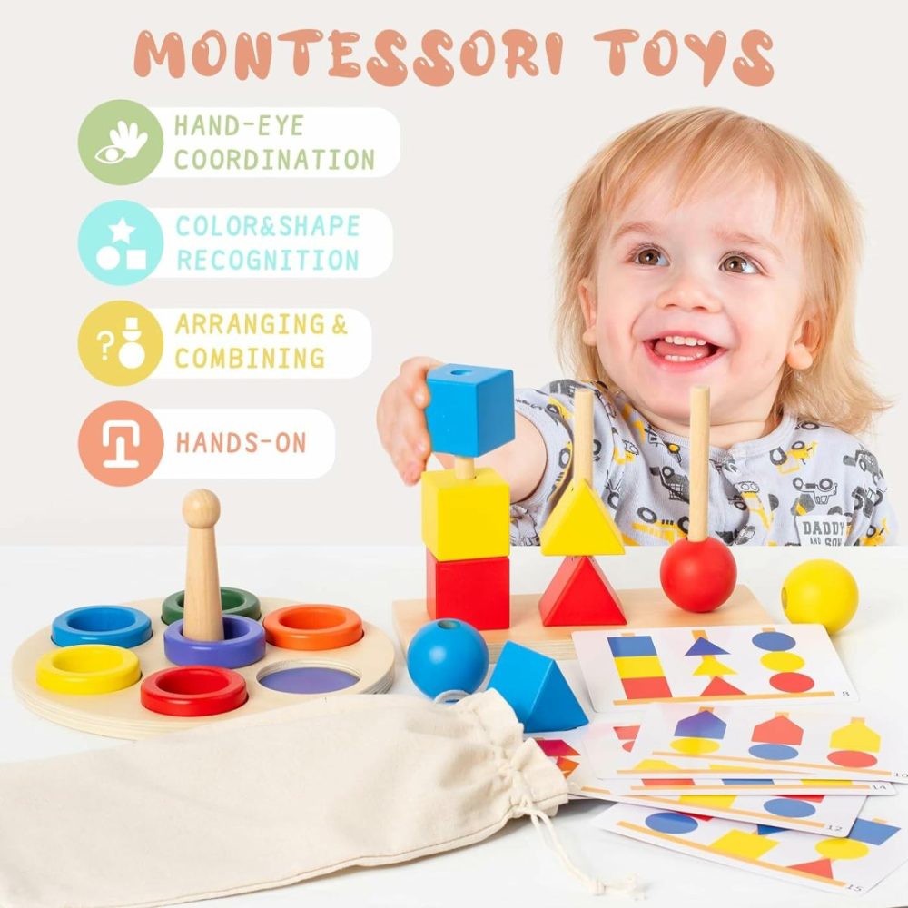 Montessori Wooden Beads Sequencing Toy Set  Montessori Toys For Babies 1-3 Years,Stacking Blocks & Matching Shape Stacker For 1 2 3 Year Old,Wooden Toys For Boy Girl Birthday Gifts  |  Sorting & Stacking Toys All Toys Sorting & Stacking Toys