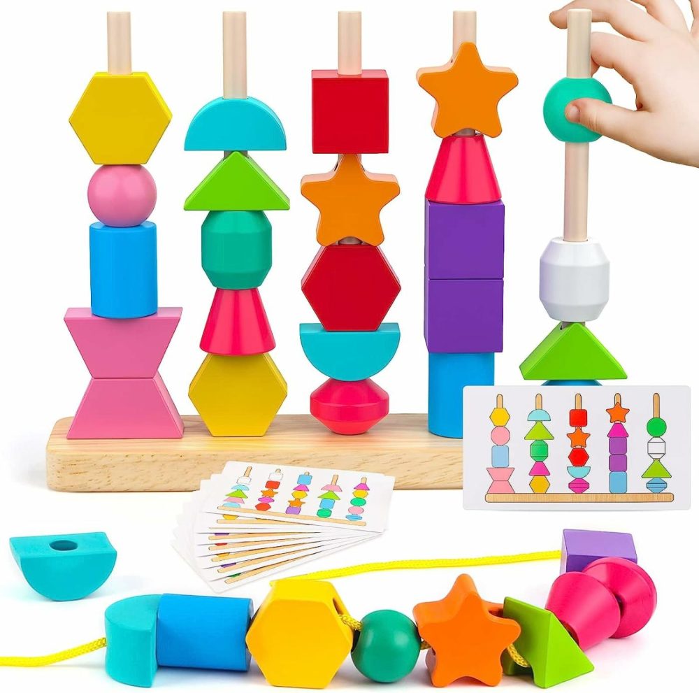 Montessori Wooden Beads Sequencing Toy Set  Stacking Blocks & Lacing Beads & Matching Shape Stacker For 2 3 4 5 Year Old Stem Preschool Learning Montessori Toys Gifts For Kids Boy Girl Toddler  |  Sorting & Stacking Toys All Toys Sorting & Stacking Toys