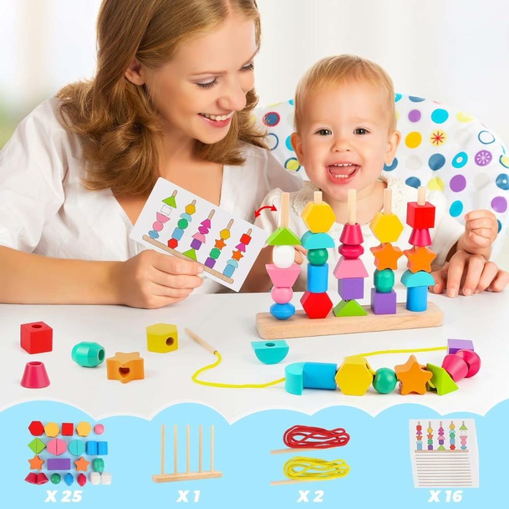 Montessori Wooden Beads Sequencing Toy Set  Stacking Blocks & Lacing Beads & Matching Shape Stacker For 2 3 4 5 Year Old Stem Preschool Learning Montessori Toys Gifts For Kids Boy Girl Toddler  |  Sorting & Stacking Toys All Toys Sorting & Stacking Toys