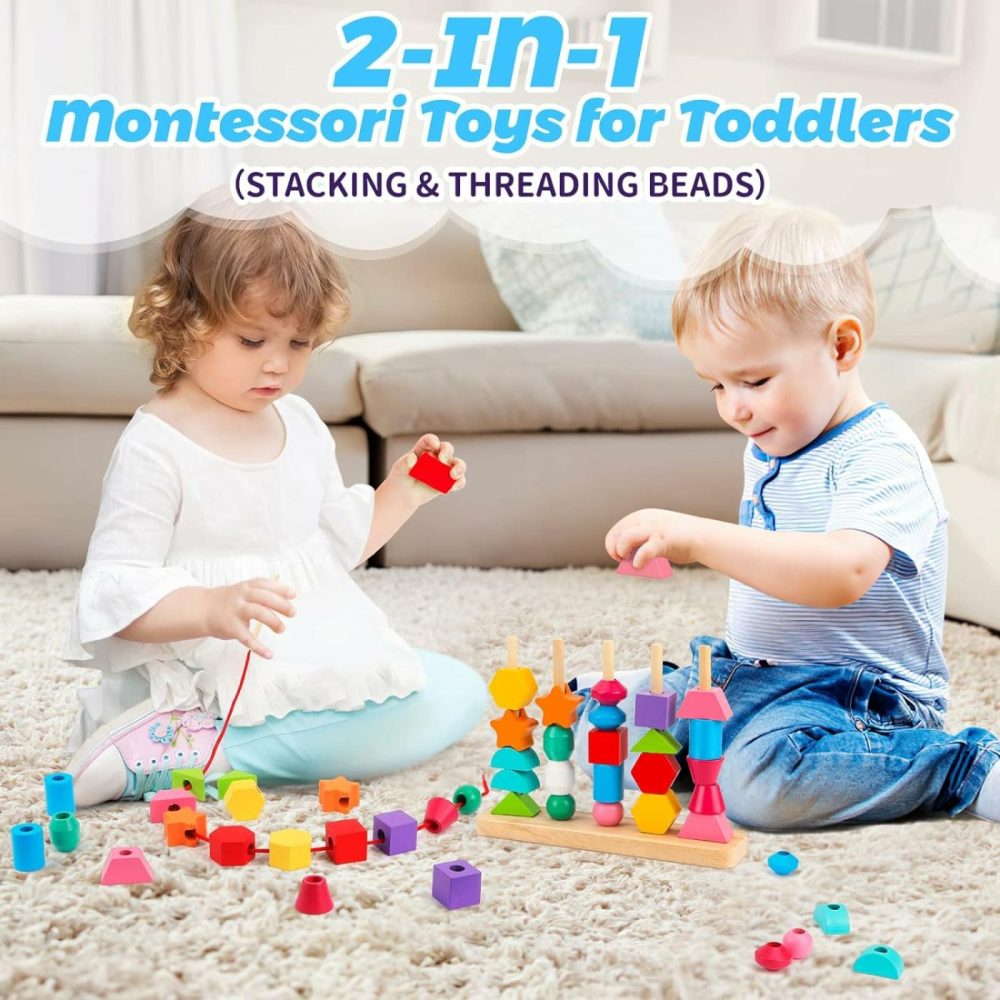 Montessori Wooden Beads Sequencing Toy Set  Stacking Blocks & Lacing Beads & Matching Shape Stacker For 2 3 4 5 Year Old Stem Preschool Learning Montessori Toys Gifts For Kids Boy Girl Toddler  |  Sorting & Stacking Toys All Toys Sorting & Stacking Toys