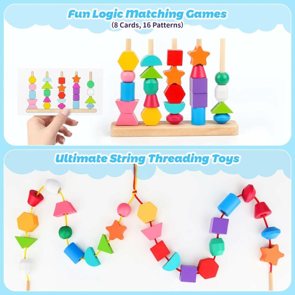 Montessori Wooden Beads Sequencing Toy Set  Stacking Blocks & Lacing Beads & Matching Shape Stacker For 2 3 4 5 Year Old Stem Preschool Learning Montessori Toys Gifts For Kids Boy Girl Toddler  |  Sorting & Stacking Toys All Toys Sorting & Stacking Toys