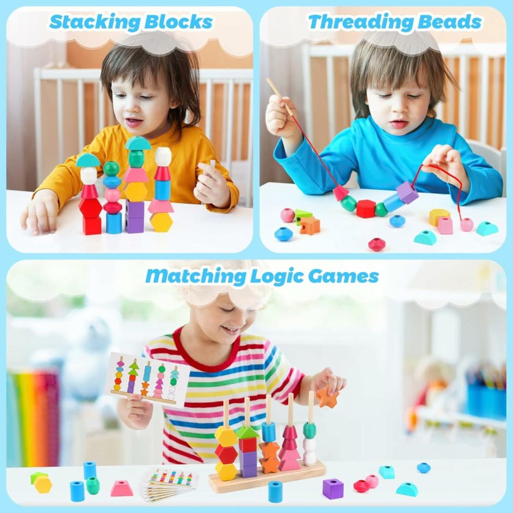 Montessori Wooden Beads Sequencing Toy Set  Stacking Blocks & Lacing Beads & Matching Shape Stacker For 2 3 4 5 Year Old Stem Preschool Learning Montessori Toys Gifts For Kids Boy Girl Toddler  |  Sorting & Stacking Toys All Toys Sorting & Stacking Toys