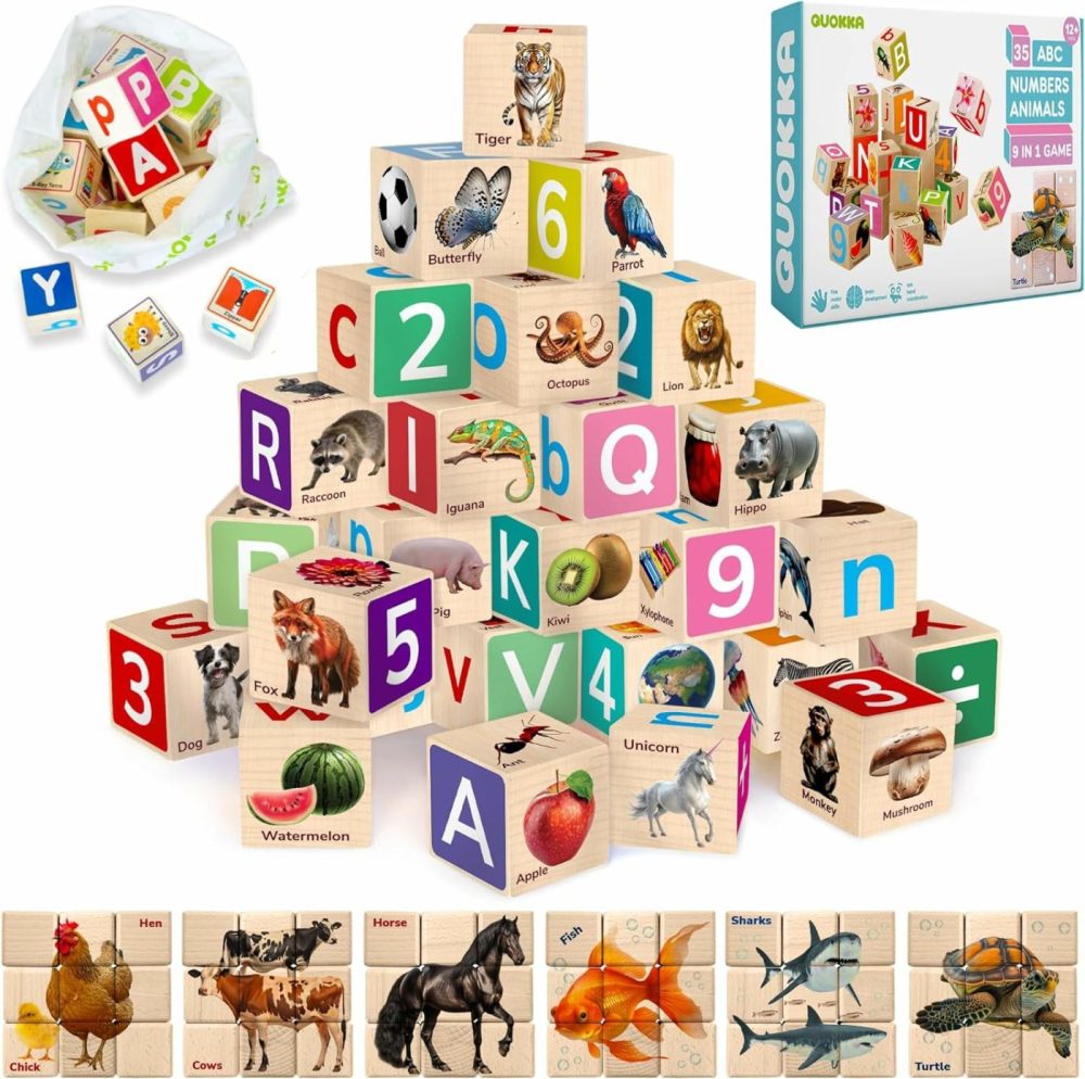 Montessori Wooden Blocks For Toddlers 1-3 – 35 Realistic Abc Learning Baby Blocks For Kids 3-5 Year Olds – Stacking Alphabet Wood Toys For 2-4 Yo – Learn Letters Numbers  |  Sorting & Stacking Toys All Toys Abc Blocks Realistic