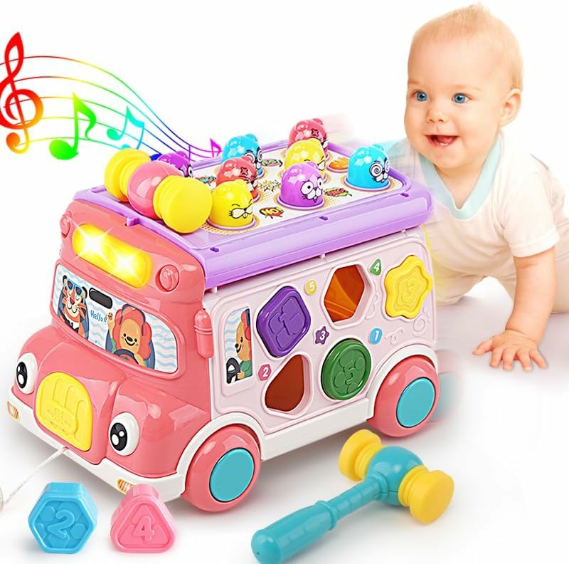 Music Activity Bus Baby Toy  Infant Education Learn Car  Sound & Light  Interactive Game  Shape Sorter  Animal Matching  Holiday Birthday Gift For Toddler Kid Boy Girl 3 4 5 6 7 Years (Pink)  |  Musical Toys All Toys Pink