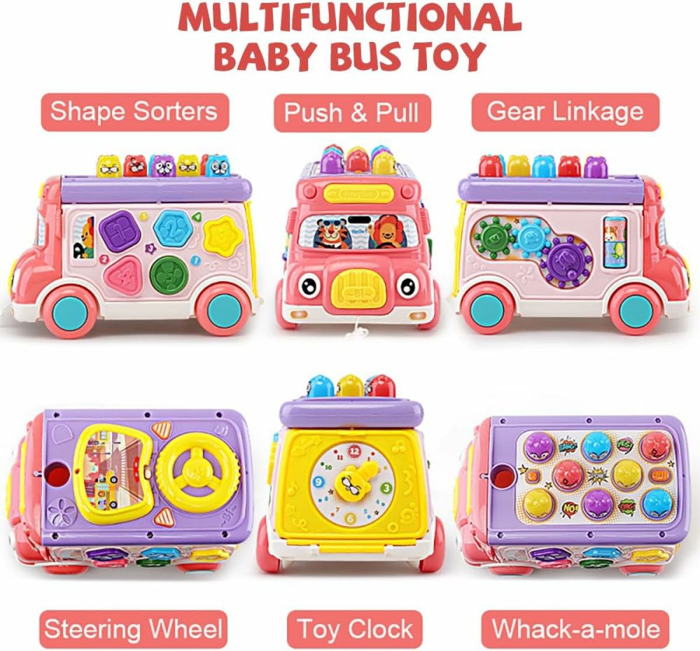 Music Activity Bus Baby Toy  Infant Education Learn Car  Sound & Light  Interactive Game  Shape Sorter  Animal Matching  Holiday Birthday Gift For Toddler Kid Boy Girl 3 4 5 6 7 Years (Pink)  |  Musical Toys All Toys Pink