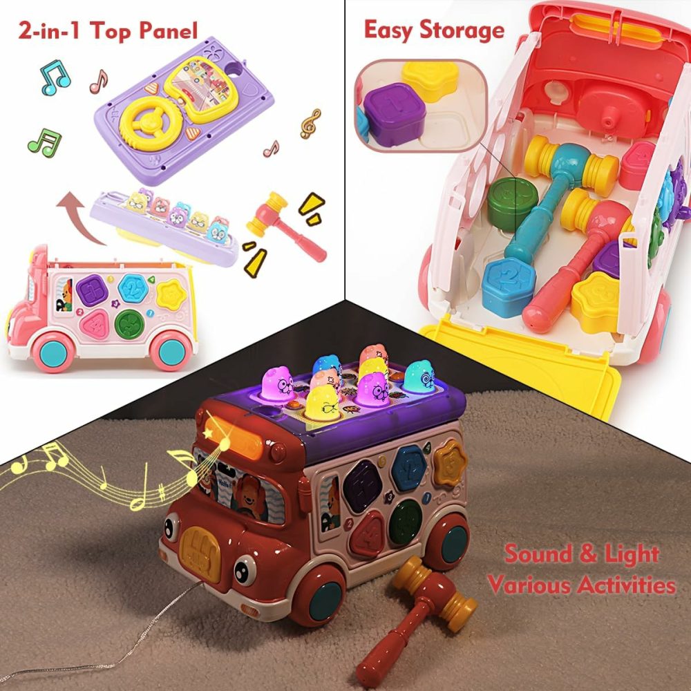 Music Activity Bus Baby Toy  Infant Education Learn Car  Sound & Light  Interactive Game  Shape Sorter  Animal Matching  Holiday Birthday Gift For Toddler Kid Boy Girl 3 4 5 6 7 Years (Pink)  |  Musical Toys All Toys Pink