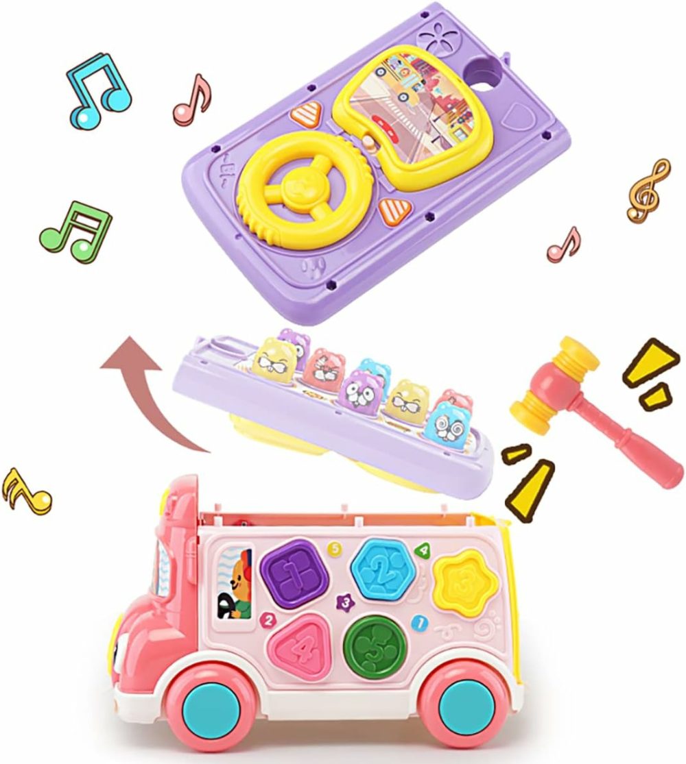 Music Activity Bus Baby Toy  Infant Education Learn Car  Sound & Light  Interactive Game  Shape Sorter  Animal Matching  Holiday Birthday Gift For Toddler Kid Boy Girl 3 4 5 6 7 Years (Pink)  |  Musical Toys All Toys Pink