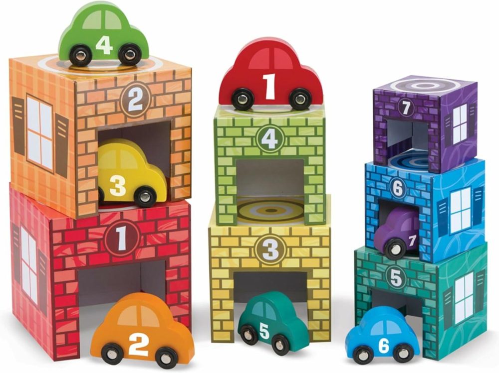 Nesting And Sorting Garages And Cars With 7 Graduated Garages And 7 Stackable Wooden Cars – Fsc Certified  |  Sorting & Stacking Toys All Toys Sorting & Stacking Toys