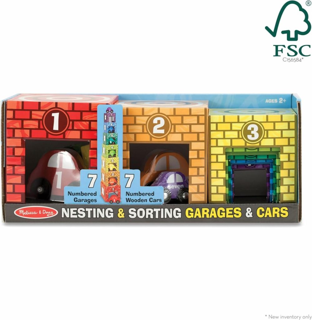 Nesting And Sorting Garages And Cars With 7 Graduated Garages And 7 Stackable Wooden Cars – Fsc Certified  |  Sorting & Stacking Toys All Toys Sorting & Stacking Toys