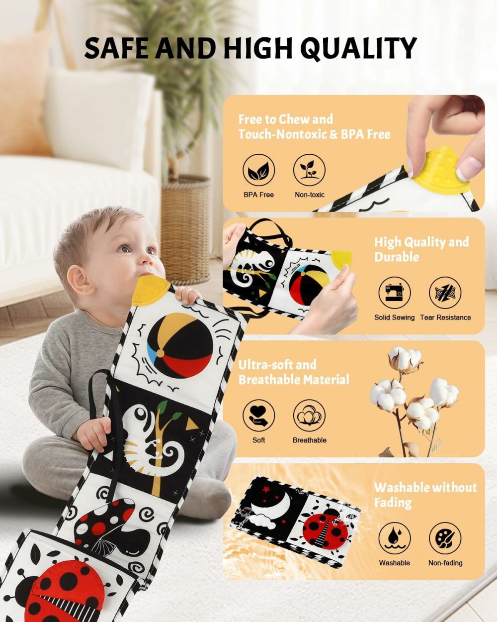 Newborn Toys  High Contrast Baby Books With Teether  Black And White Baby Toys  Montessori Toys 0-6-12 Months Brain Development  Sensory Learning Activities Gift  Tummy Time Toys  |  Abacuses All Toys Abacuses