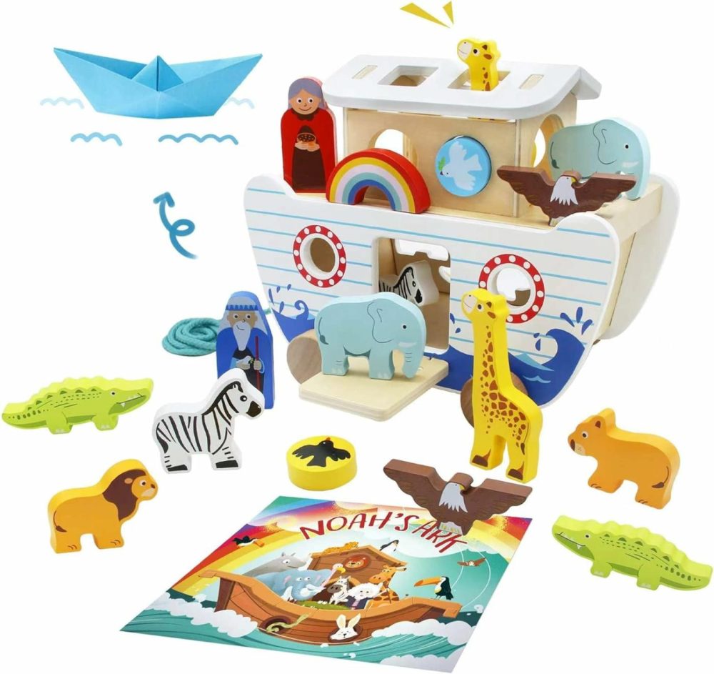 Noah’s Ark Wooden Toy Set  Educational Wooden Animal Toys For Toddlers  Montessori Shape Sorter Educational Toys  Bible Story Engagement & Perfect Baptism  Christening Gift For 2-4 Y  |  Sorting & Stacking Toys All Toys Sorting & Stacking Toys