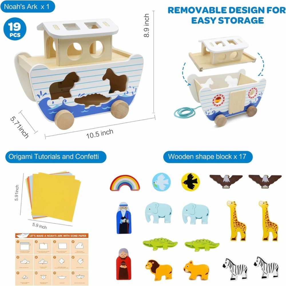 Noah’s Ark Wooden Toy Set  Educational Wooden Animal Toys For Toddlers  Montessori Shape Sorter Educational Toys  Bible Story Engagement & Perfect Baptism  Christening Gift For 2-4 Y  |  Sorting & Stacking Toys All Toys Sorting & Stacking Toys