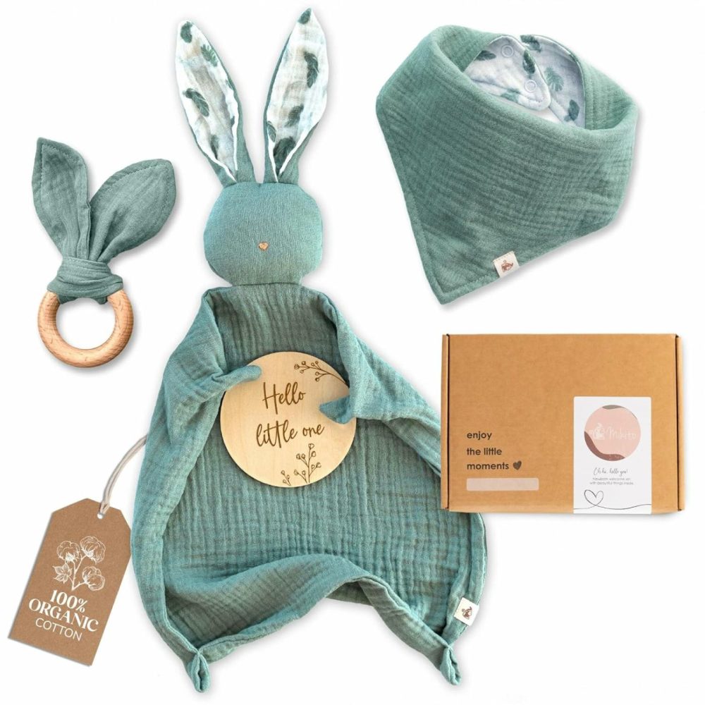 Organic Cotton Newborn Gifts Box  Baby Gifts Unisex Incl. Muslin Baby Lovey Comforter + Baby Bandana Bib Drool + Wooden Baby Teether + Birth Announcement Sign  Baby Gift Set  Loveys For Babies  |  Teethers All Toys Mint