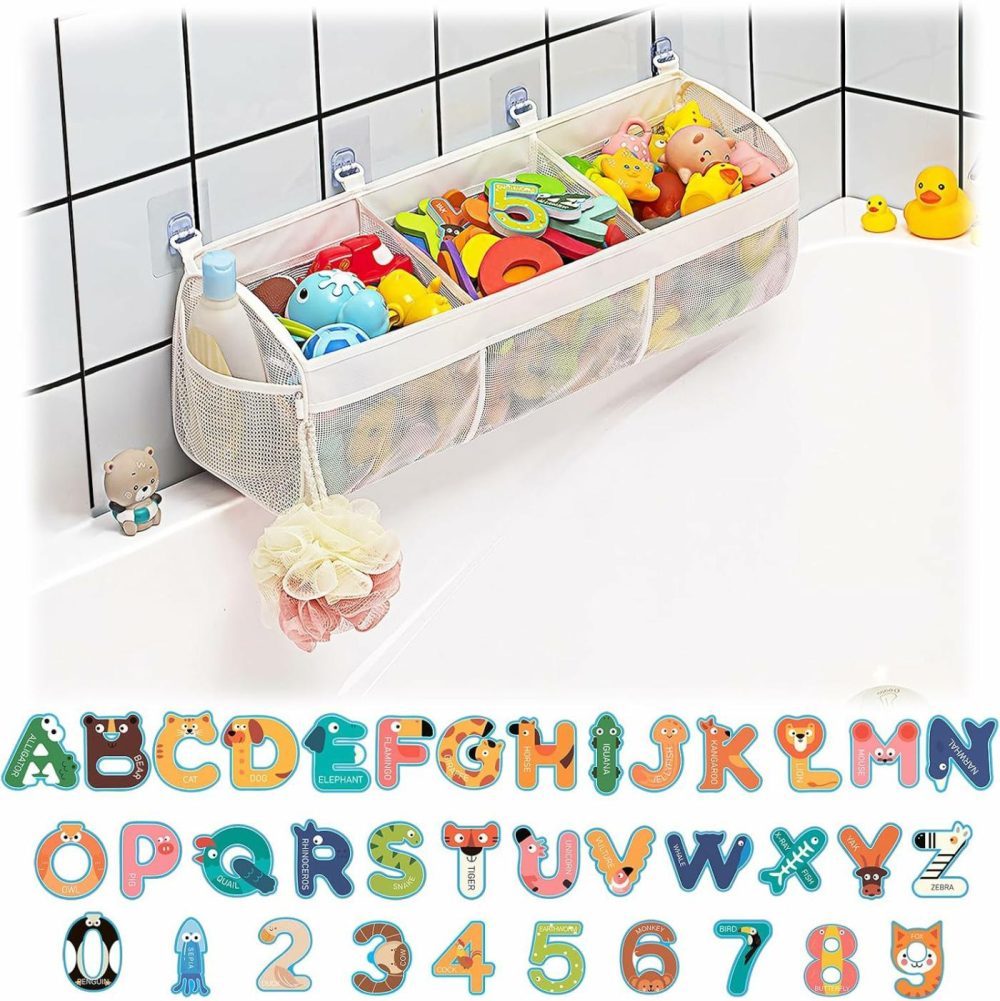 Original Mesh Bath Toy Storage  Large Capacity Bath Tub Toy Holder With 3 Compartments  Bath Toy Organizer For Easy Access To Toys  Bonus 36 Abc Soft Foam Letters And Numbers  |  Bath Toys All Toys Bath Toys