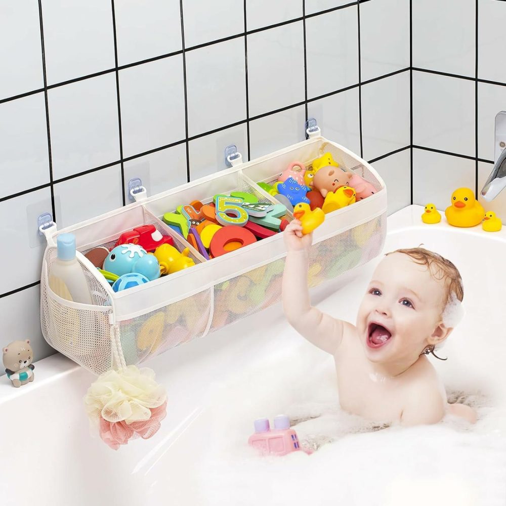 Original Mesh Bath Toy Storage  Large Capacity Bath Tub Toy Holder With 3 Compartments  Bath Toy Organizer For Easy Access To Toys  Bonus 36 Abc Soft Foam Letters And Numbers  |  Bath Toys All Toys Bath Toys