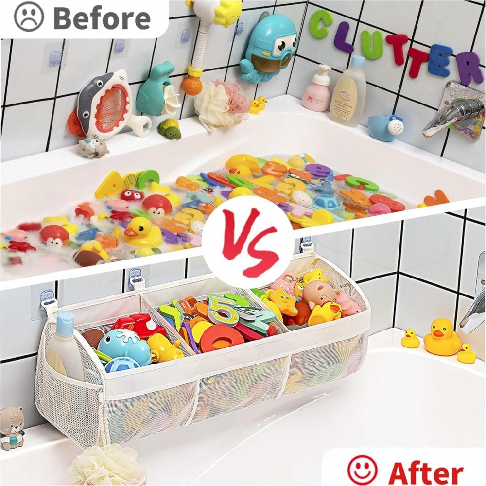 Original Mesh Bath Toy Storage  Large Capacity Bath Tub Toy Holder With 3 Compartments  Bath Toy Organizer For Easy Access To Toys  Bonus 36 Abc Soft Foam Letters And Numbers  |  Bath Toys All Toys Bath Toys