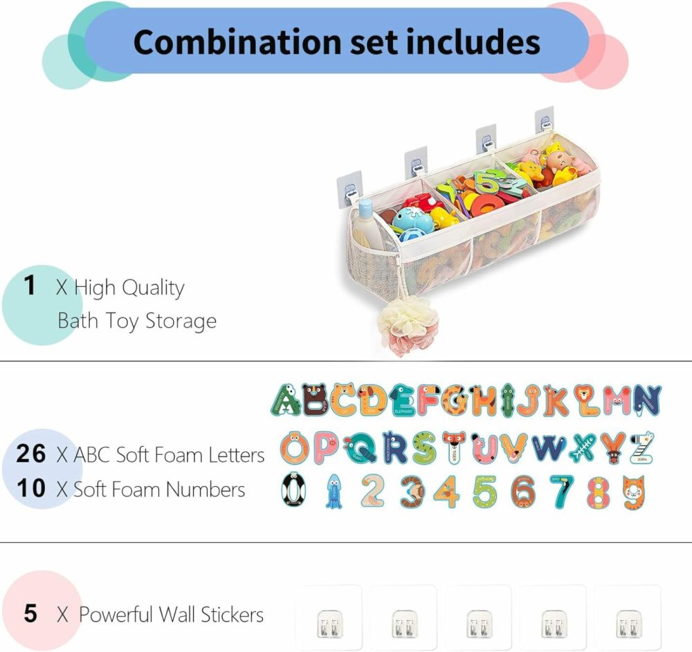 Original Mesh Bath Toy Storage  Large Capacity Bath Tub Toy Holder With 3 Compartments  Bath Toy Organizer For Easy Access To Toys  Bonus 36 Abc Soft Foam Letters And Numbers  |  Bath Toys All Toys Bath Toys