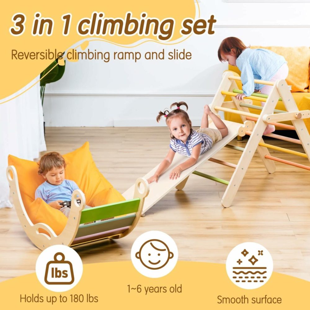 Pikler Triangle Set 3 In 1  Large Size Toddler Climbing Triangle Set  Wooden Baby Jungle Gym Indoor  Foldable Montessori Climbing Set With Ramp  Arch & Climbing Triangle  |  Indoor Climbers & Play Structures All Toys Indoor Climbers & Play Structures