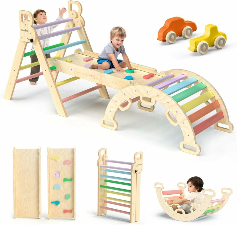 Pikler Triangle Set 7In1 Foldable Baby Climbing Toys Wooden Montessori Climbing Set With Arch&Ramp&Ladder Baby Climber Indoor Jungle Gyms For Toddlers Montessori Toys – Rainbow  |  Indoor Climbers & Play Structures All Toys Indoor Climbers & Play Structures