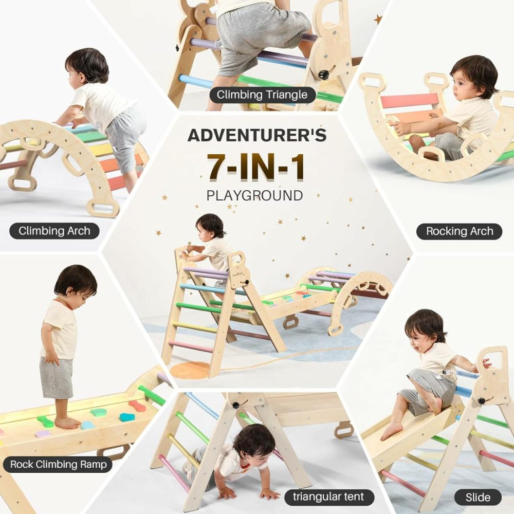 Pikler Triangle Set 7In1 Foldable Baby Climbing Toys Wooden Montessori Climbing Set With Arch&Ramp&Ladder Baby Climber Indoor Jungle Gyms For Toddlers Montessori Toys – Rainbow  |  Indoor Climbers & Play Structures All Toys Indoor Climbers & Play Structures