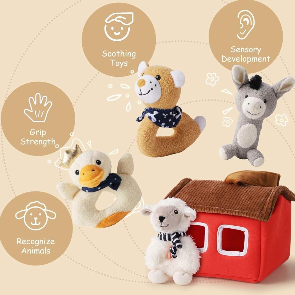 Plush Baby Rattle Toys  Newborn Soft Barn Farm Stuffed Animal Set  Infant Hand Sensory Development  Girls Boys Stuff  Easter Birthday Shower Gift Basket Stuffer 3 6 9 12 Month 1 Year Old  |  Rattles & Plush Rings All Toys Rattles & Plush Rings