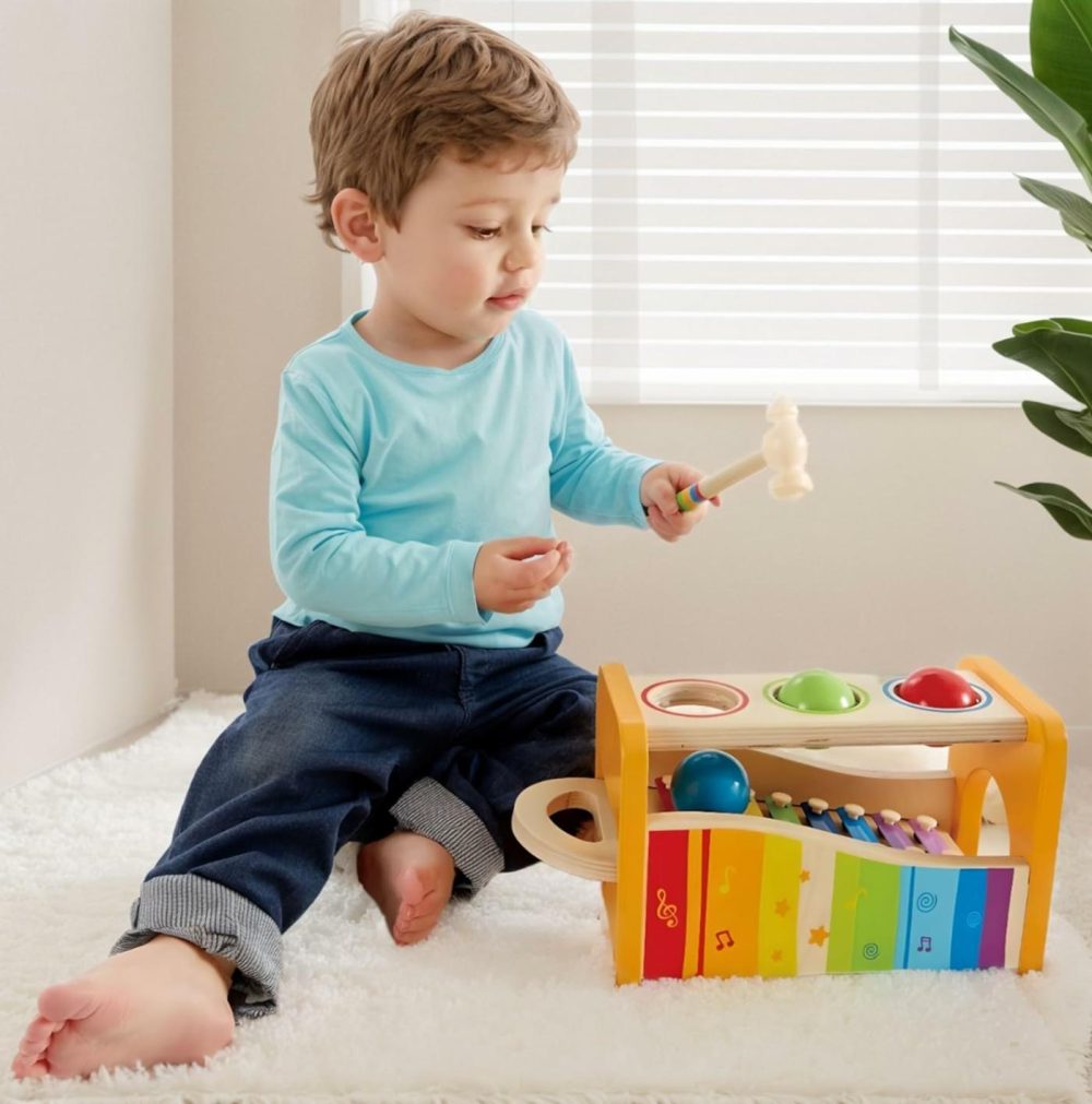 Pound  Tap  & Shake! Music Set – Award Winning Wooden Pounding Bench  Baby Xylophone  And Tap Along Tambourine – Developmental  Non-Toxic  Montessori Musical Toys For Toddlers 1 – 4 Years Old  |  Hammering & Pounding Toys All Toys Hammering & Pounding Toys