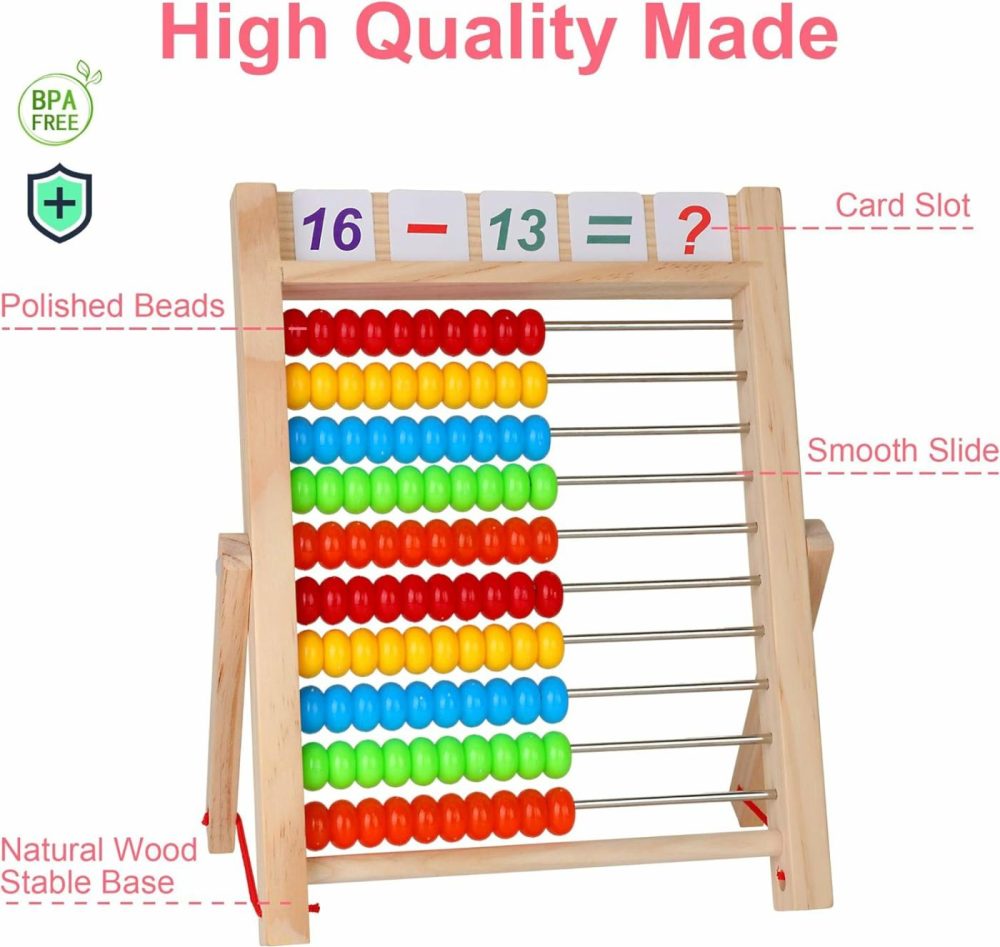 Preschool Math Learning Toy,10-Row Wooden Frame Abacus With Multi-Color Beads  Counting Sticks  Number Alphabet Cards  Gift For 2 3 4 5 6 Years Old Toddlers Boys Girls  |  Abacuses Abacuses Abacuses