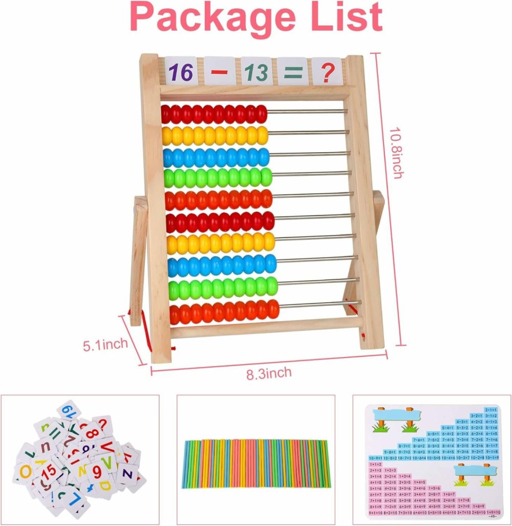 Preschool Math Learning Toy,10-Row Wooden Frame Abacus With Multi-Color Beads  Counting Sticks  Number Alphabet Cards  Gift For 2 3 4 5 6 Years Old Toddlers Boys Girls  |  Abacuses Abacuses Abacuses