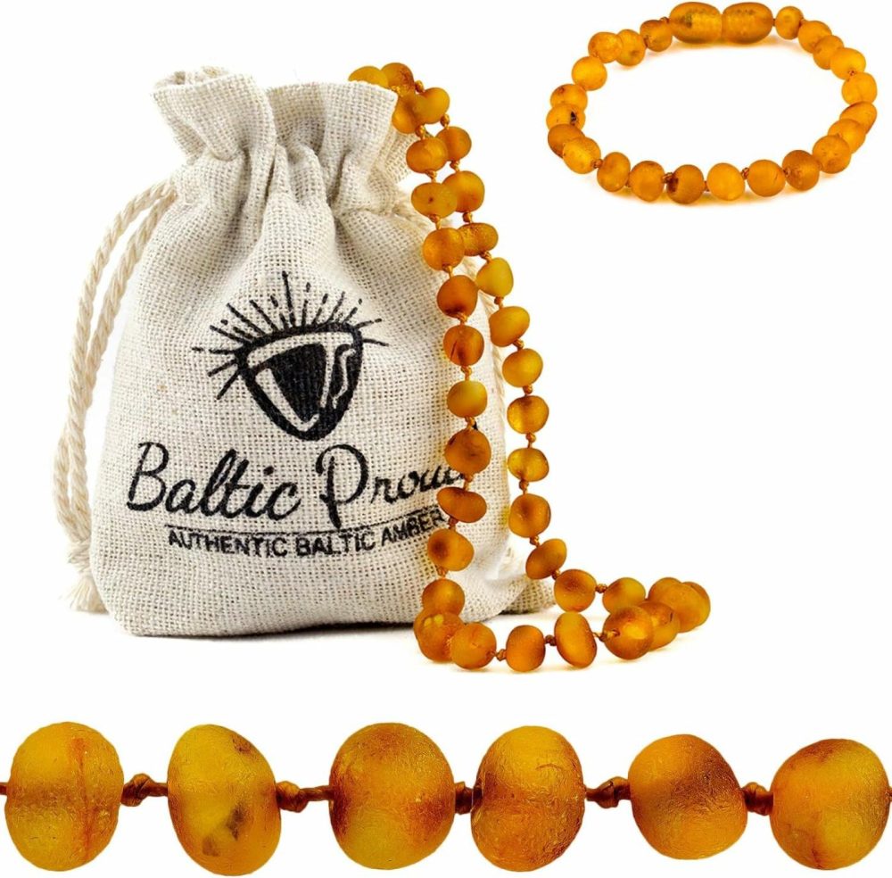 Raw Amber Necklace And Bracelet Gift Set (Unisex Honey Raw 12.5 Inches/5.5 Inches) – Certified Premium Quality Raw Baltic Sea Amber  |  Teethers All Toys Teethers