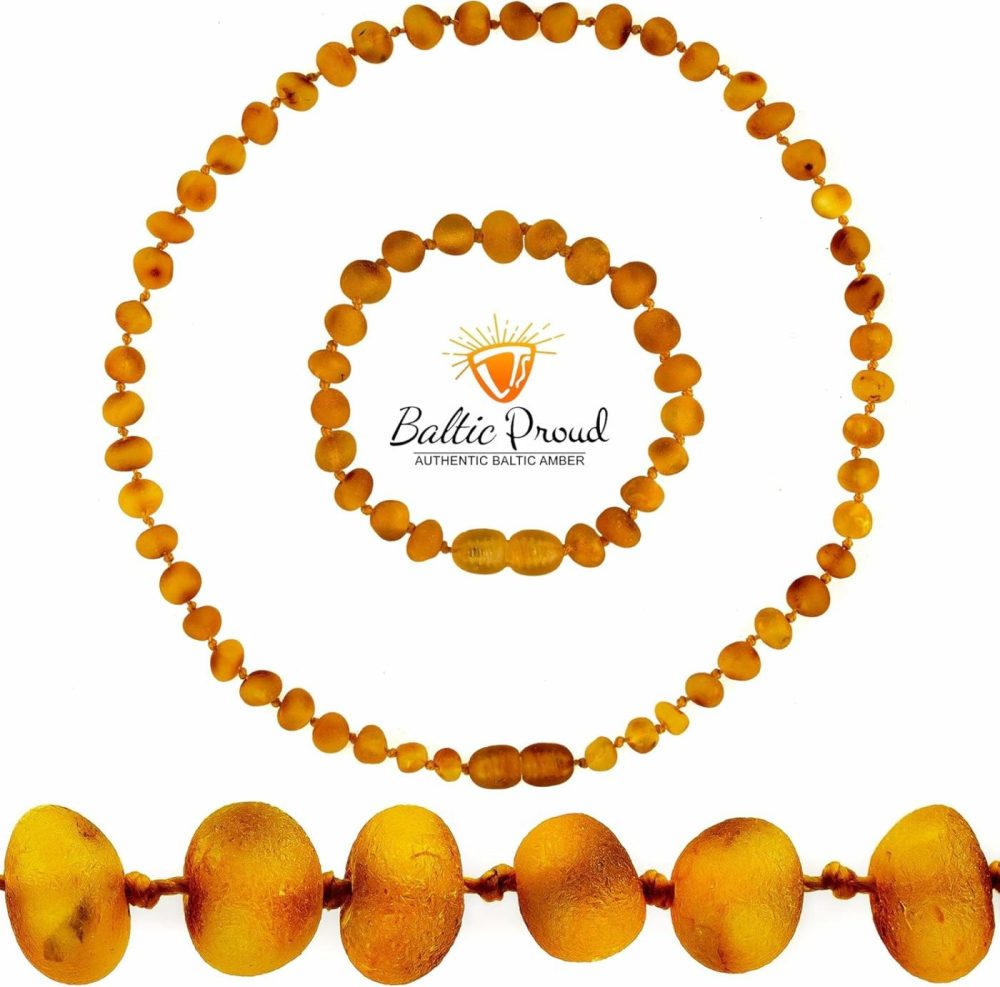 Raw Amber Necklace And Bracelet Gift Set (Unisex Honey Raw 12.5 Inches/5.5 Inches) – Certified Premium Quality Raw Baltic Sea Amber  |  Teethers All Toys Teethers