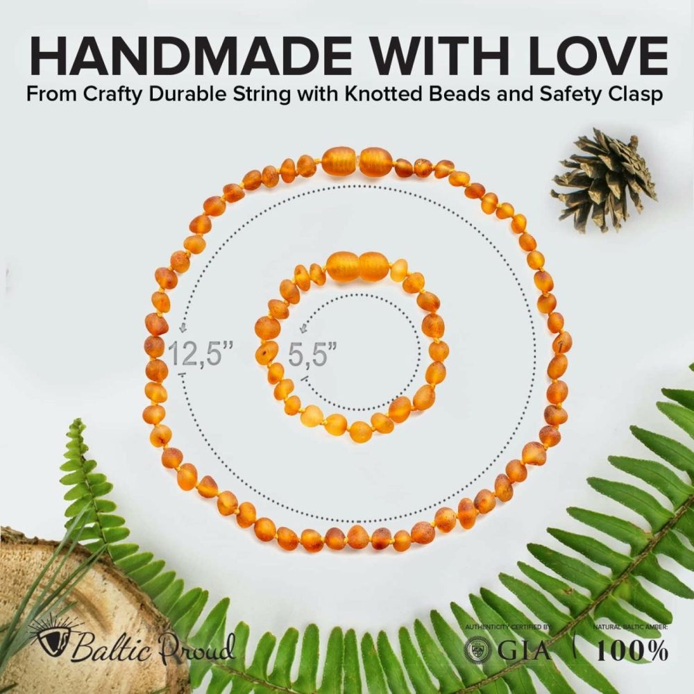 Raw Amber Necklace And Bracelet Gift Set (Unisex Honey Raw 12.5 Inches/5.5 Inches) – Certified Premium Quality Raw Baltic Sea Amber  |  Teethers All Toys Teethers