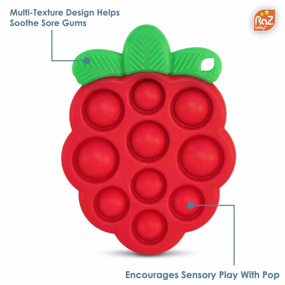 Razberry Pop Teether For Babies 3 Months & Up – Natural Raspberry Shaped Designed With Soft Bpa Free Silicone Poppers – Textured For Sensory Stimulation & Development  |  Teethers All Toys Strawberry