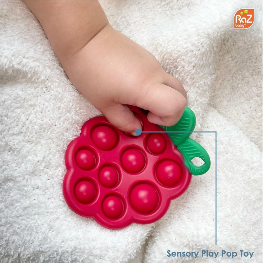 Razberry Pop Teether For Babies 3 Months & Up – Natural Raspberry Shaped Designed With Soft Bpa Free Silicone Poppers – Textured For Sensory Stimulation & Development  |  Teethers All Toys Strawberry